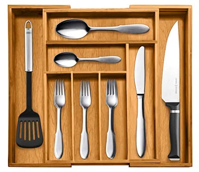Bamboo Kitchen Drawer Organizer, Expandable 8-Slot Tray
