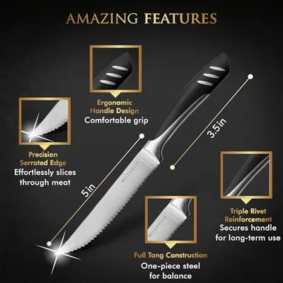 Steak Knife Set of 8, Serrated Stainless Steel, Dishwasher Safe, Black, photographed on a counter.