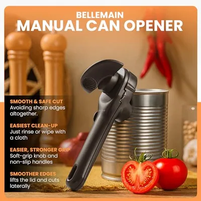 Ergonomic Can Opener, Easy Safe-Cut for Seniors & Restaurants, Black, photographed on a counter.