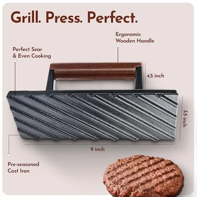 Smash Burger Press, Grill Press, Bacon Press - Rectangle, Gray, photographed on a counter.