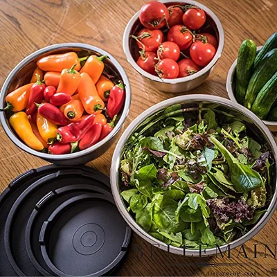 Stainless Steel Mixing Bowls with Airtight Lids Set - Set of 4, Silver, photographed on a counter.