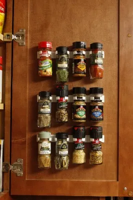 Spice Rack Organizer for Cabinet Door, Set of 12 Clips, White, in use.
