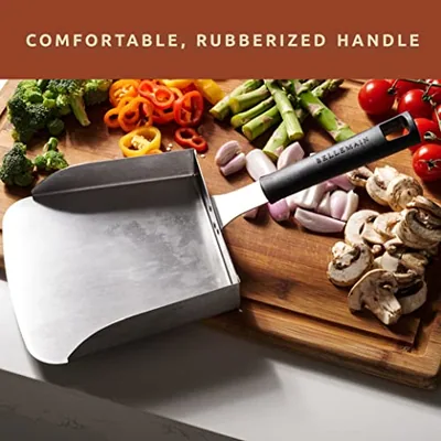 Smash Burger Spatula for Griddle - Stainless Steel Scraper Tool, Black, photographed on a counter.