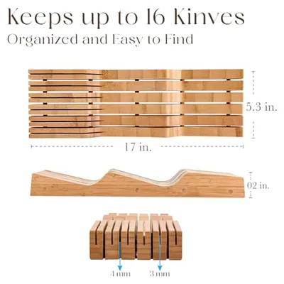 100% Pure Bamboo Knife Drawer Organizer, Knife Block - 16 Slots