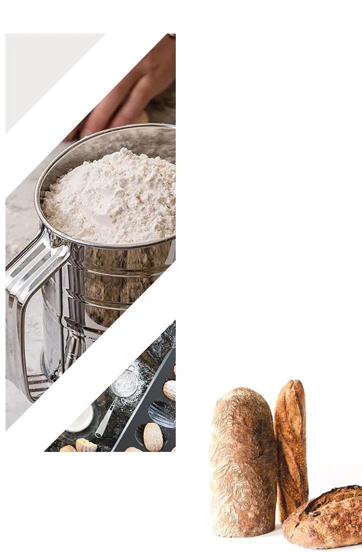 A sifter at work beside the loaf it helped: the test kitchen is an ordinary counter.