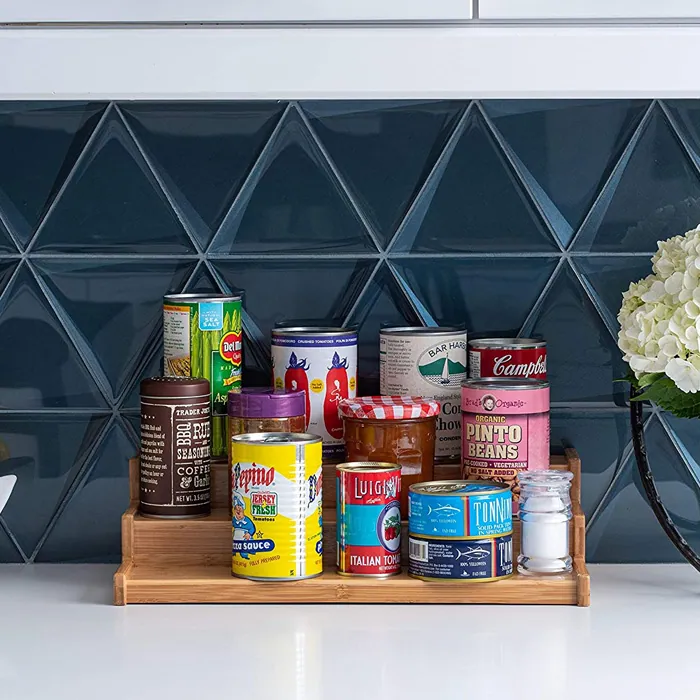A bamboo spice shelf: the drawer and the cabinet door taught us to nest.