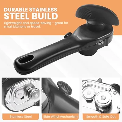Ergonomic Can Opener, Easy Safe-Cut for Seniors & Restaurants, Black